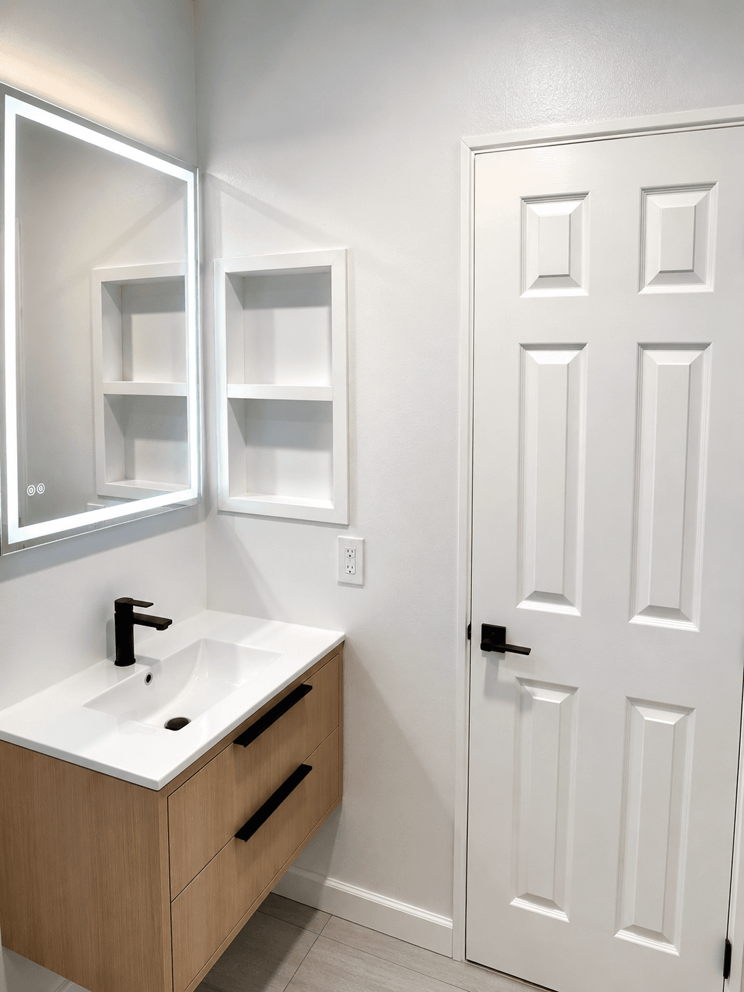 Bathroom faucet, sink, mirror and door installation